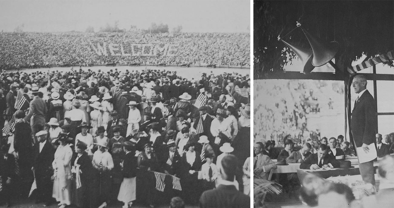 1919년 9월 19일 미국 캘리포니아 주 샌디에이고에 위치한 발보아 스타디움(Balboa Stadium)에서 우드로 윌슨 대통령이 마그나복스(Magnavox)의 제품으로 연설중인 모습