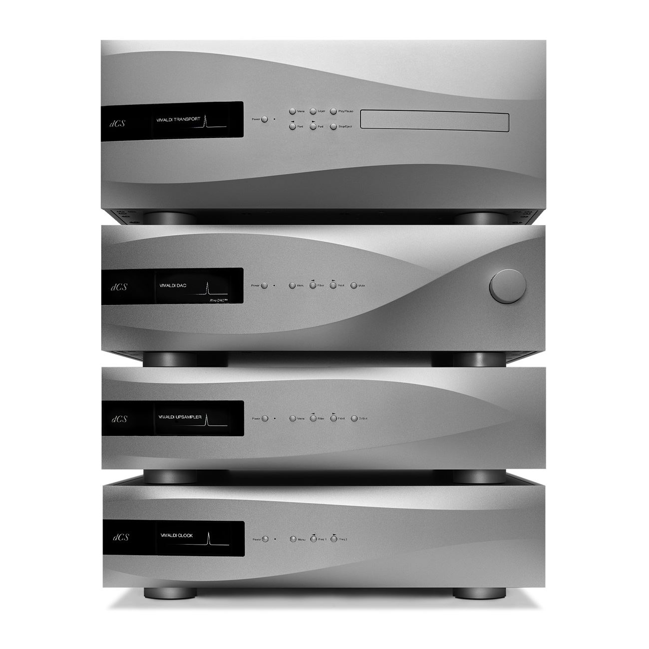 dCS 비발디 풀세트. 위에서부터 비발디 CD/SACD 트랜스포트, APEX DAC, 업샘플러, 마스터 클럭 