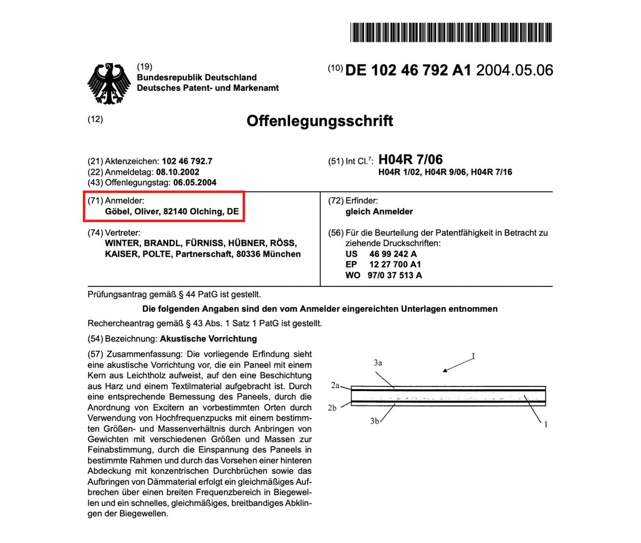 올리버 괴벨의 독일 특허청 문헌